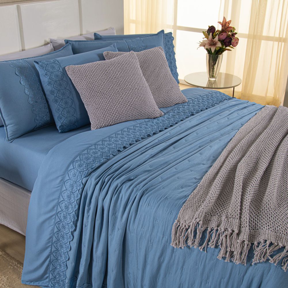 [10 PIEZAS] Juego de cama Serena percal 300 hilos bordado inglés