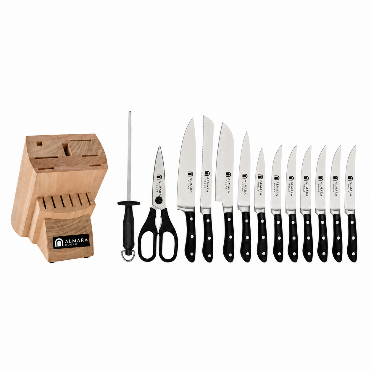 [14 PIEZAS] Juego de Cuchillos Chef de Acero Inoxidable con Taco de Madera + Set de silicona gratis