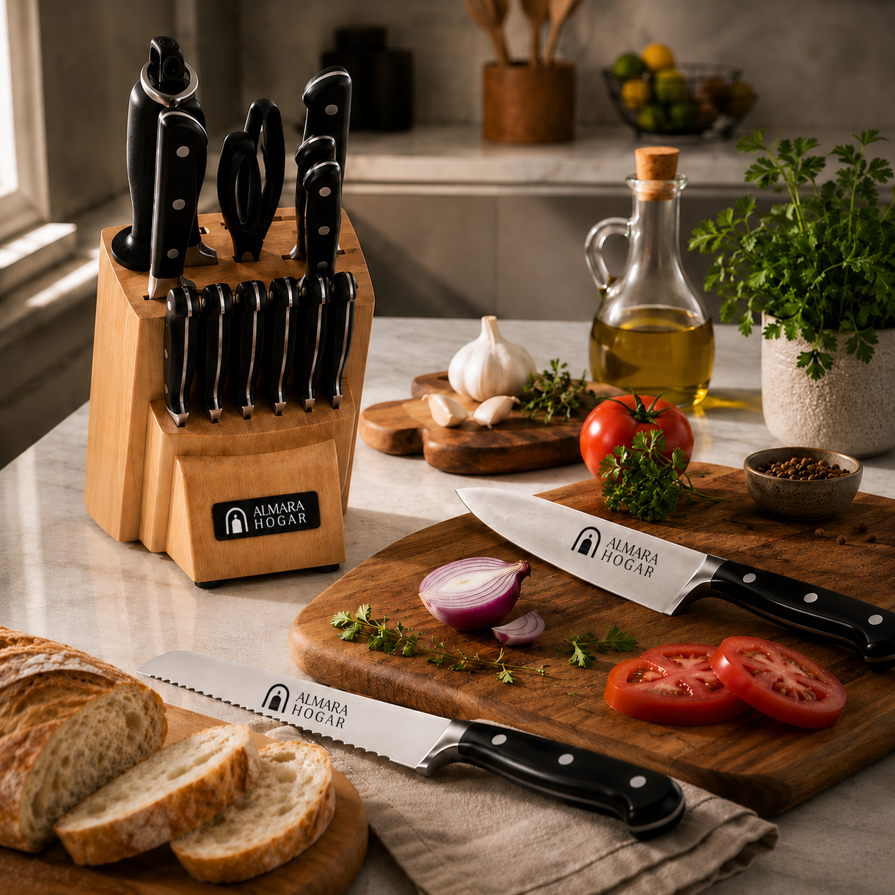 [14 PIEZAS] Juego de Cuchillos Chef de Acero Inoxidable con Taco de Madera + Set de silicona gratis