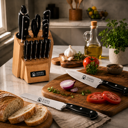 [14 PIEZAS] Juego de Cuchillos Chef de Acero Inoxidable con Taco de Madera + Set de silicona gratis