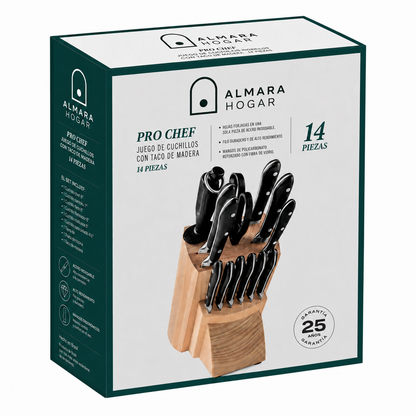 [14 PIEZAS] Juego de Cuchillos Chef de Acero Inoxidable con Taco de Madera + Set de silicona gratis