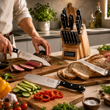 [14 PIEZAS] Juego de Cuchillos Chef de Acero Inoxidable con Taco de Madera + Set de silicona gratis