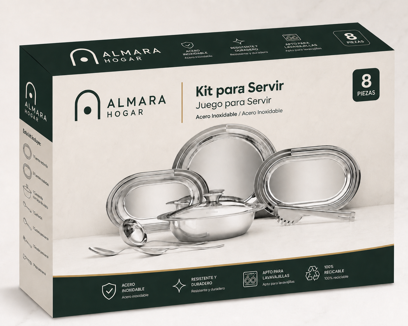 [8 PIEZAS] Set para Servir de Acero Inoxidable + 3 Tupper de vidrio gratis