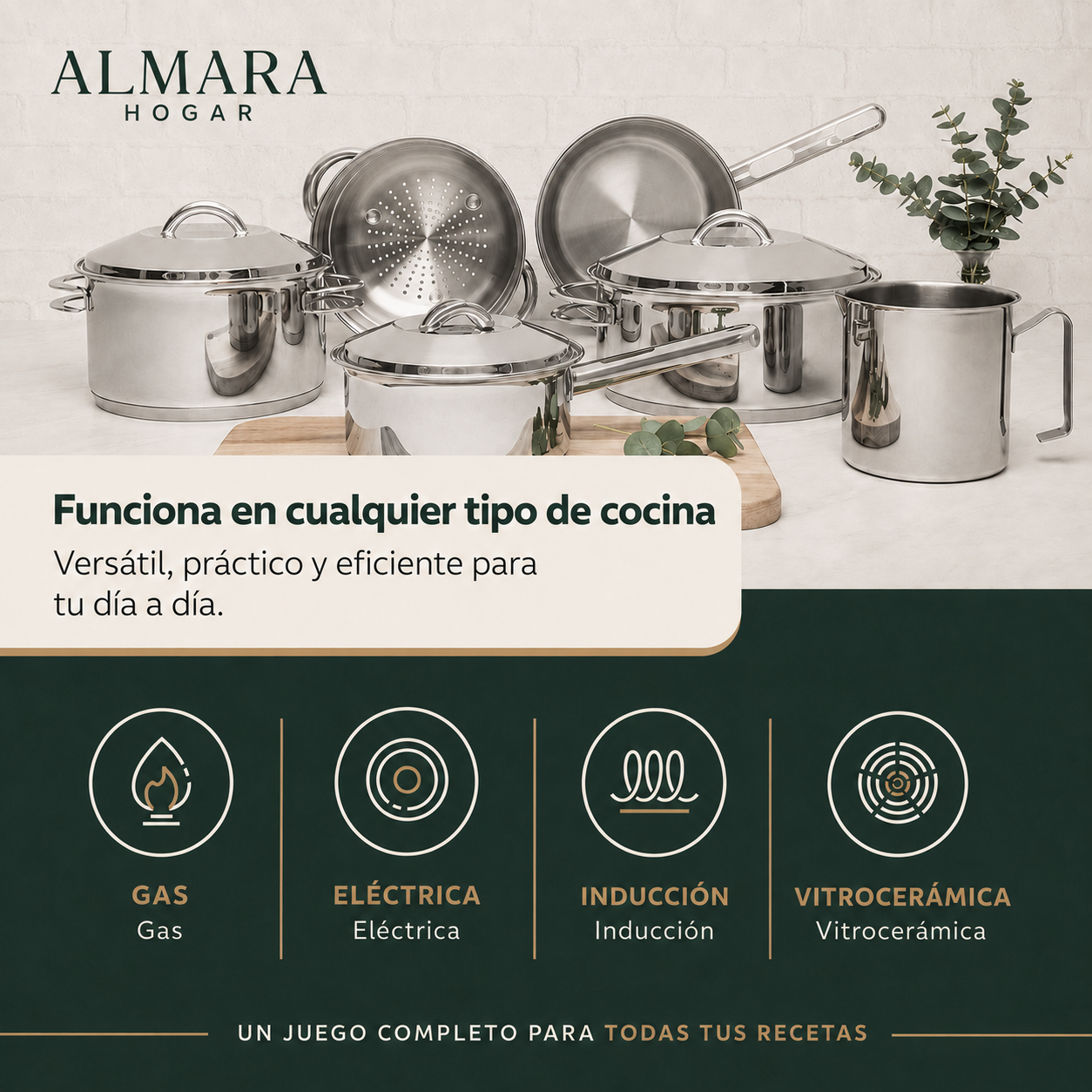 [6 PIEZAS] Juego de Ollas de Acero Inoxidable con Fondo Triple + Set de silicona gratis
