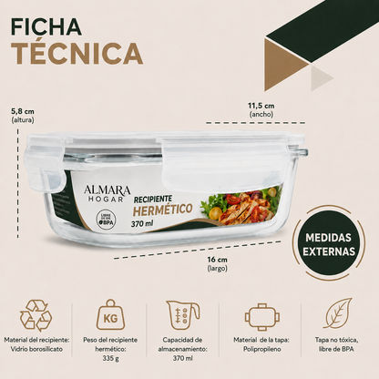 [20 PIEZAS] Juego de Recipientes Herméticos de Vidrio de 370 ml + Set de silicona gratis